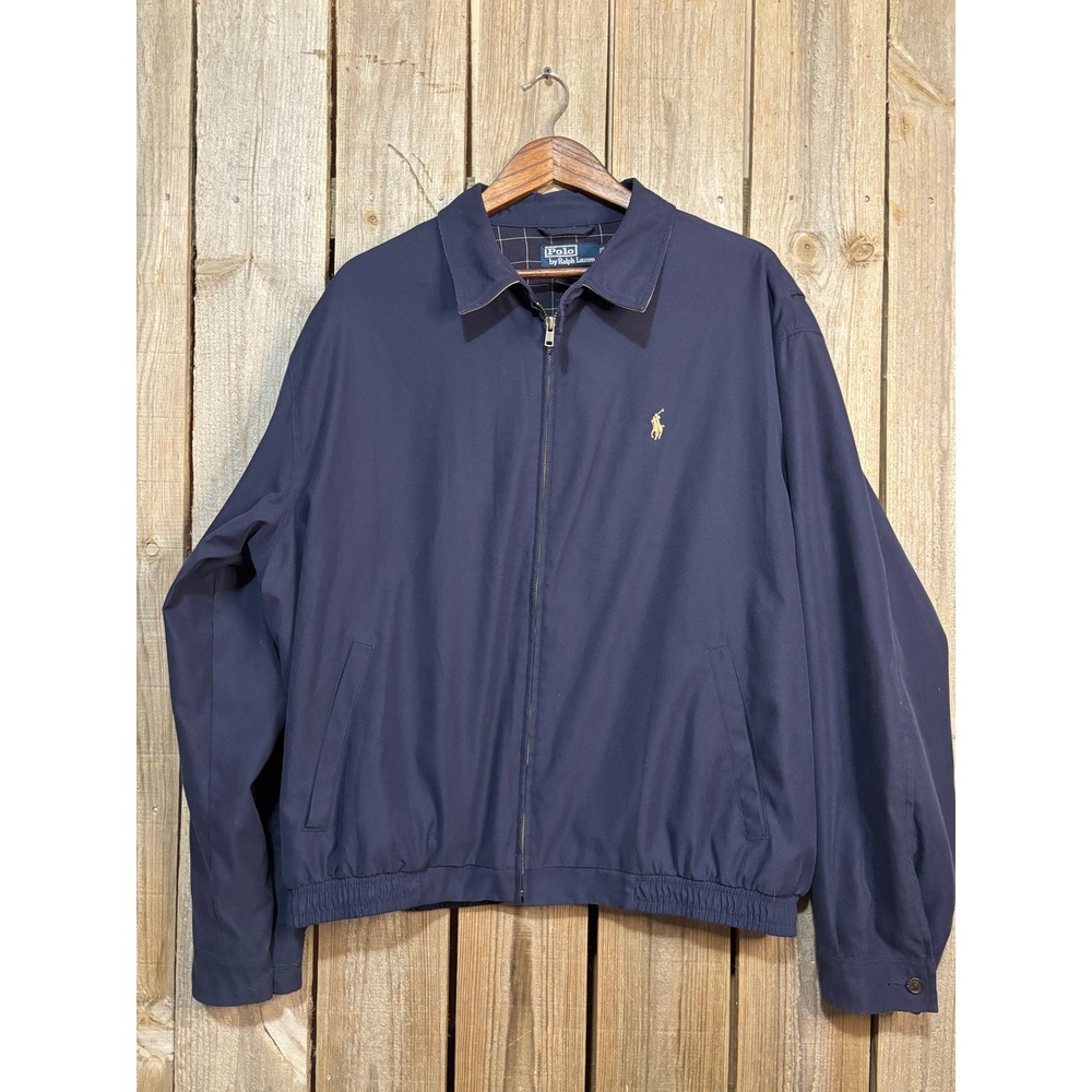 Polo Ralph Lauren Mens XL Navy Blue Harrington Jacket Windowpane Lined Full Zip